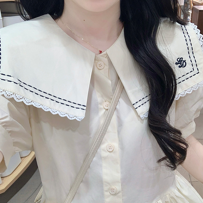Navy Collar Lace White Short Sleeve Dress for Women Preppy Style