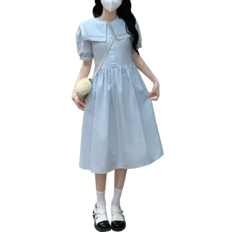 Navy Collar Lace White Short Sleeve Dress for Women Preppy Style - Image 5