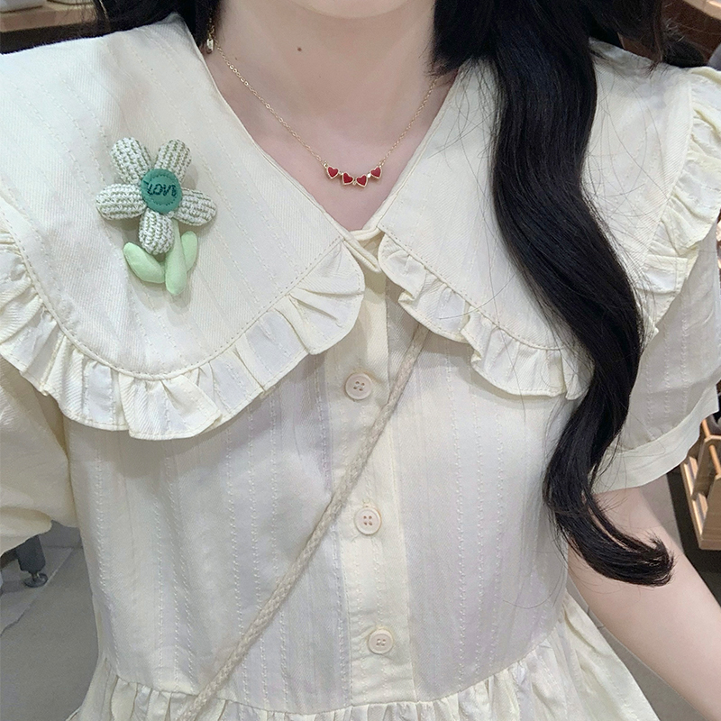 New Summer Doll Collar Dress for Petite Women - Youthful White Green Dress