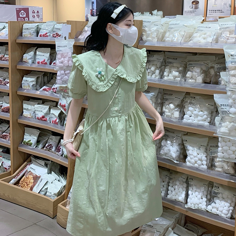 New Summer Doll Collar Dress for Petite Women - Youthful White Green Dress - Image 4