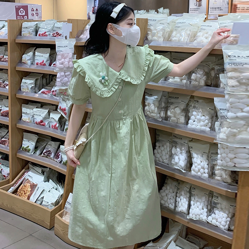 New Summer Doll Collar Dress for Petite Women - Youthful White Green Dress - Image 2