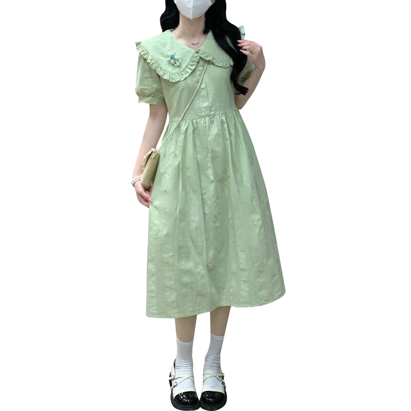 New Summer Doll Collar Dress for Petite Women - Youthful White Green Dress - Image 5