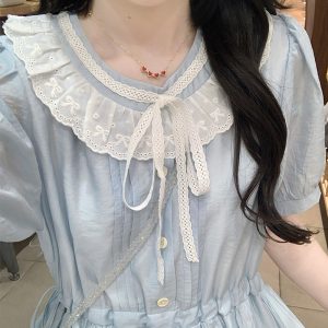 French Sweet Princess Style Color Block Lace Round Neck Puff Sleeve Dress Women Summer Slimming Long Dress