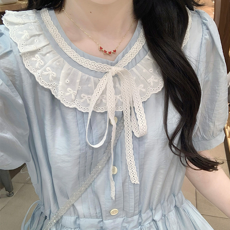 French Sweet Princess Style Color Block Lace Round Neck Puff Sleeve Dress Women Summer Slimming Long Dress