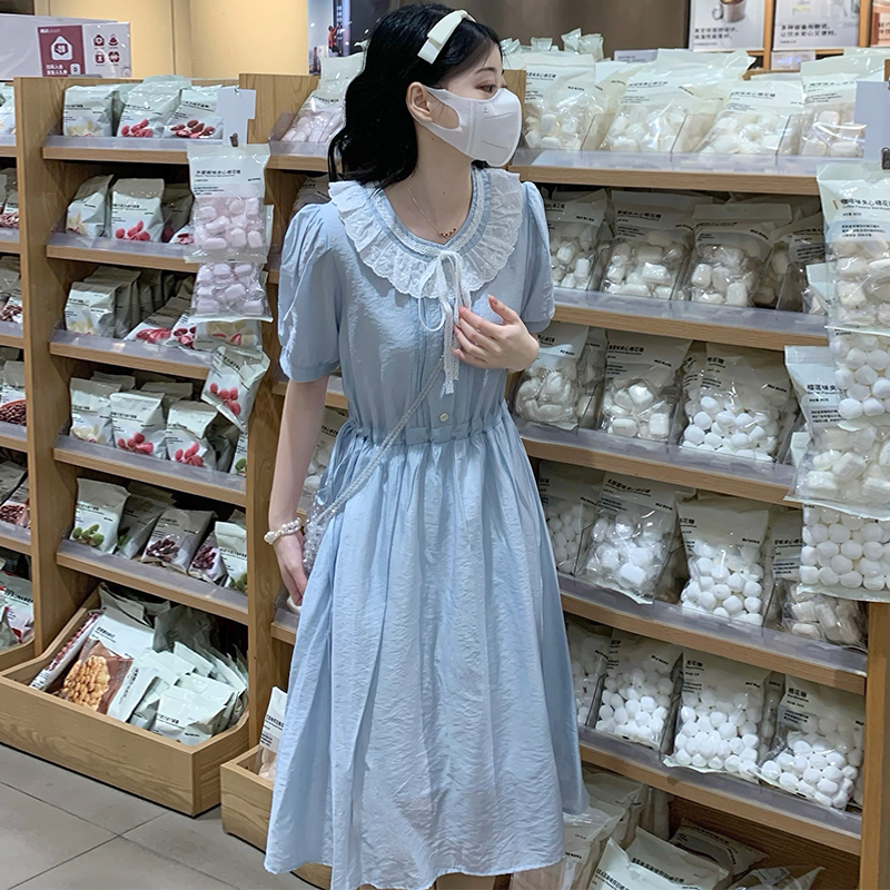 French Sweet Princess Style Color Block Lace Round Neck Puff Sleeve Dress Women Summer Slimming Long Dress - Image 3
