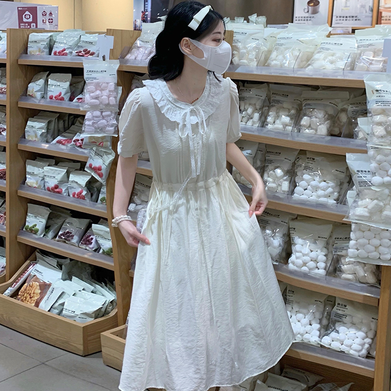 French Sweet Princess Style Color Block Lace Round Neck Puff Sleeve Dress Women Summer Slimming Long Dress - Image 4