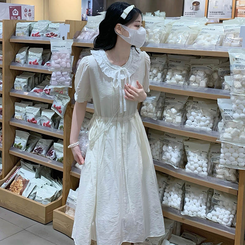 French Sweet Princess Style Color Block Lace Round Neck Puff Sleeve Dress Women Summer Slimming Long Dress - Image 2