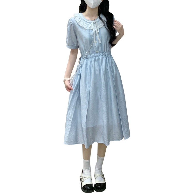 French Sweet Princess Style Color Block Lace Round Neck Puff Sleeve Dress Women Summer Slimming Long Dress - Image 5