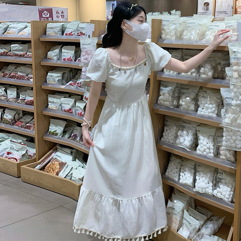 Sweet Square Neck Puff Sleeve Tassel Waist Dress French Style Solid Long Dress - Image 3