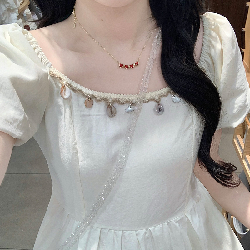 Sweet Square Neck Puff Sleeve Tassel Waist Dress French Style Solid Long Dress