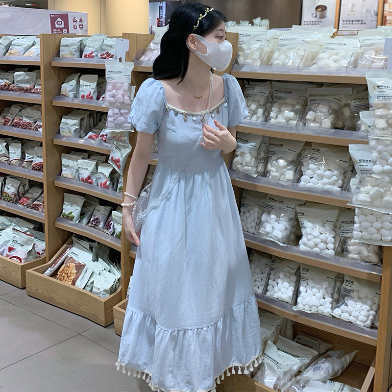 Sweet Square Neck Puff Sleeve Tassel Waist Dress French Style Solid Long Dress - Image 2
