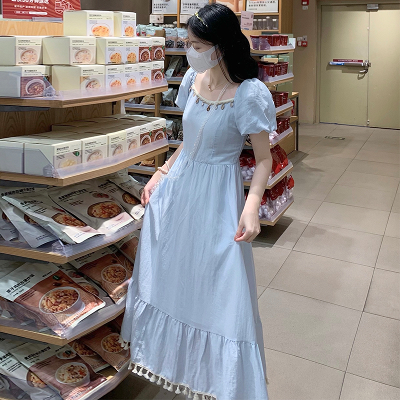 Sweet Square Neck Puff Sleeve Tassel Waist Dress French Style Solid Long Dress - Image 4
