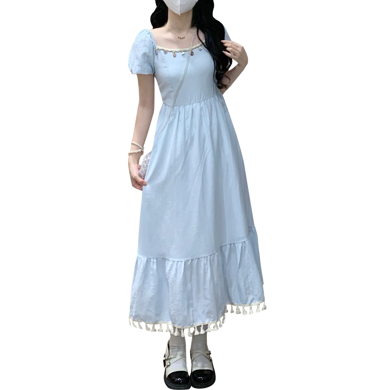 Sweet Square Neck Puff Sleeve Tassel Waist Dress French Style Solid Long Dress - Image 5