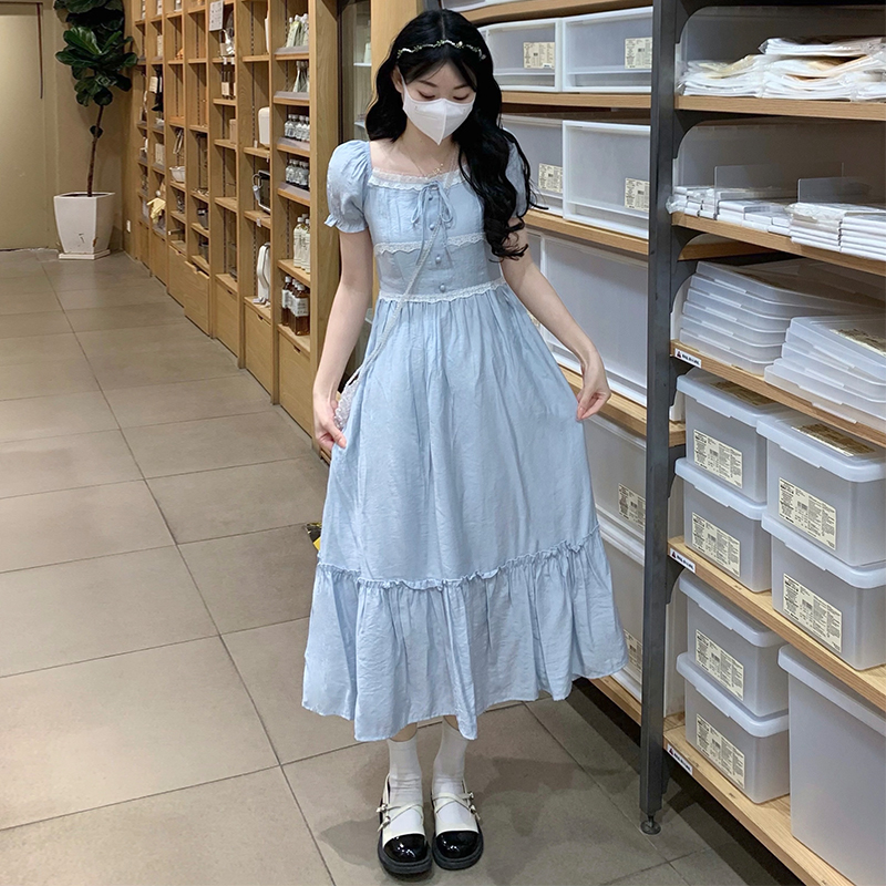 Vintage Lace Trim Square Neck Puff Sleeve Blue French Dress 2025 New - Image 3