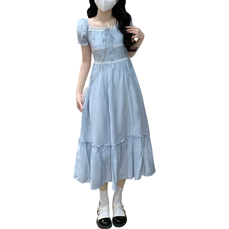Vintage Lace Trim Square Neck Puff Sleeve Blue French Dress 2025 New - Image 5