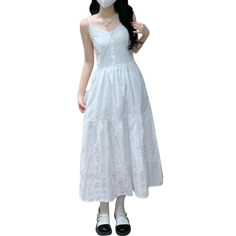 French Style Polka Dot Cami Dress High Waist A-Line Pleated Open Back Flared Dress - Image 5