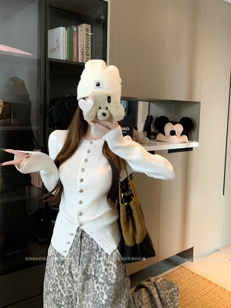 Women's Knit Cardigan Korean Style Early Autumn Button Down Black Sweater Outerwear - Image 2