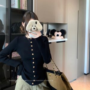 Women's Knit Cardigan Korean Style Early Autumn Button Down Black Sweater Outerwear