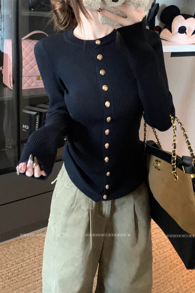 Women's Knit Cardigan Korean Style Early Autumn Button Down Black Sweater Outerwear - Image 5