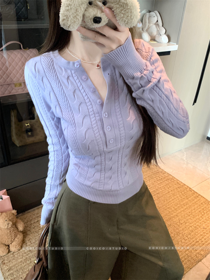 Women's Slim Knit Pullover Sweater with Buttons - Image 2