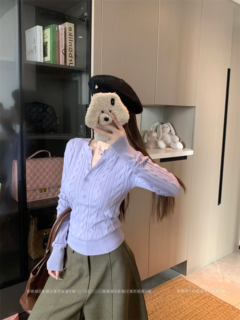 Women's Slim Knit Pullover Sweater with Buttons - Image 3