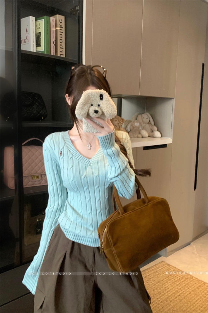 Embroidered V-Neck Cable Knit Pullover Sweater for Women - Image 5