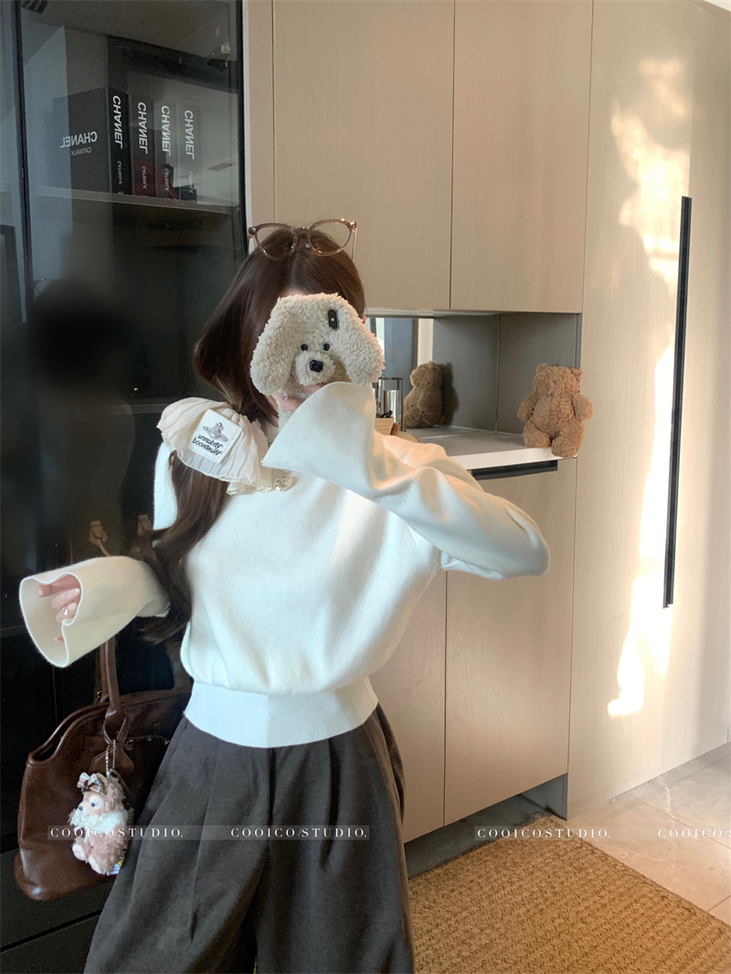Korean Style Half Turtleneck Flare Sleeve Knit Sweater Women Slim Fit Long Sleeve Base Top
