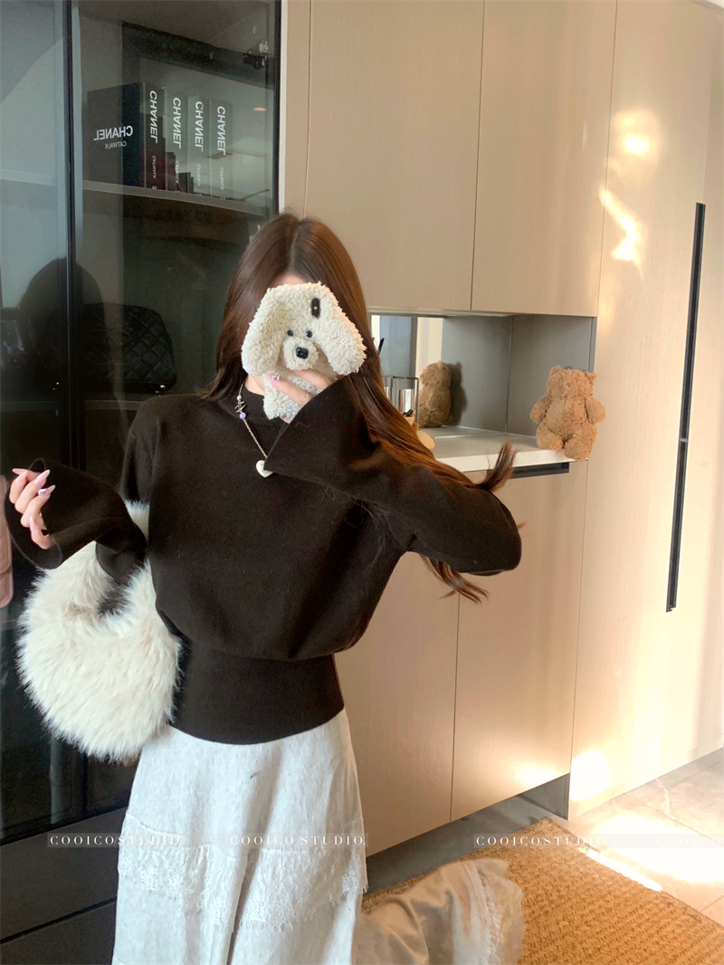 Korean Style Half Turtleneck Flare Sleeve Knit Sweater Women Slim Fit Long Sleeve Base Top - Image 2