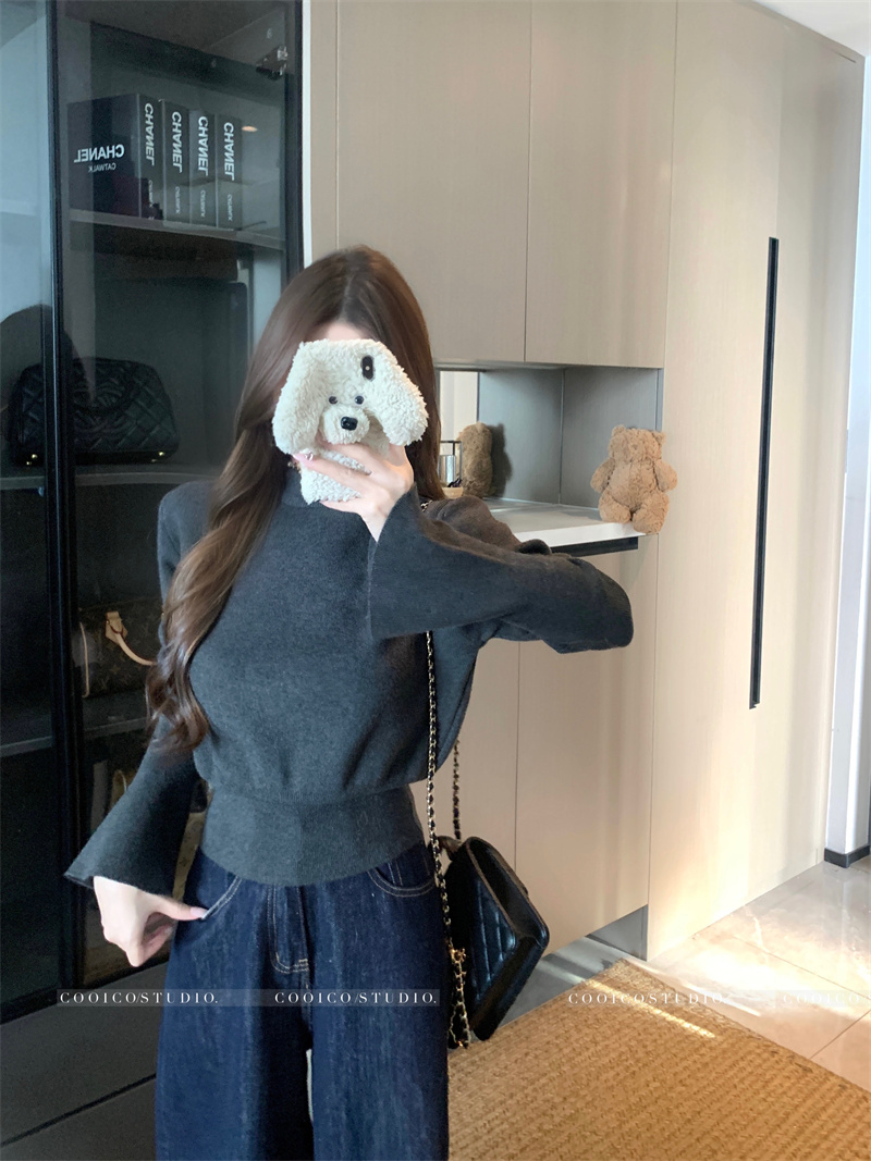 Korean Style Half Turtleneck Flare Sleeve Knit Sweater Women Slim Fit Long Sleeve Base Top - Image 3