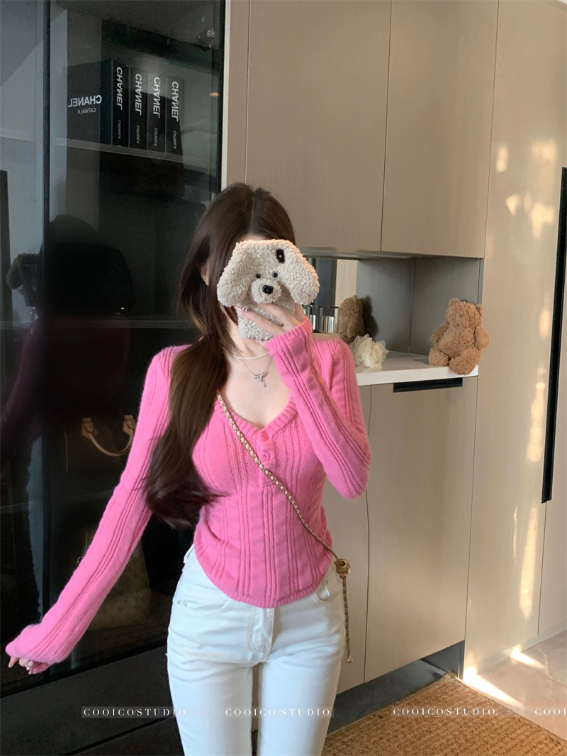 Women's V-Neck Knit Top Korean Style Slimming Fall Winter Pullover - Image 2