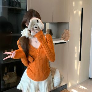 Women's V-Neck Knit Top Korean Style Slimming Fall Winter Pullover