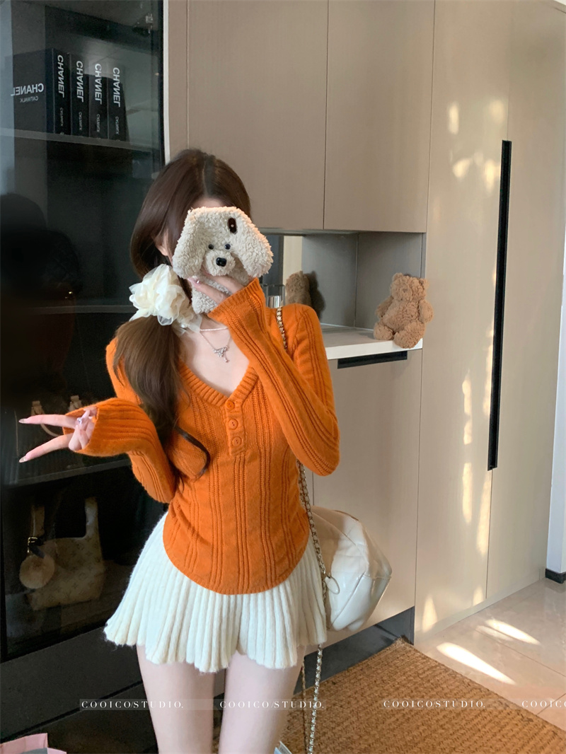 Women's V-Neck Knit Top Korean Style Slimming Fall Winter Pullover