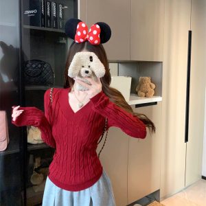 American Retro V-Neck Cable Knit Sweater for Women 2026 Slim Fit Long Sleeve Base Layer