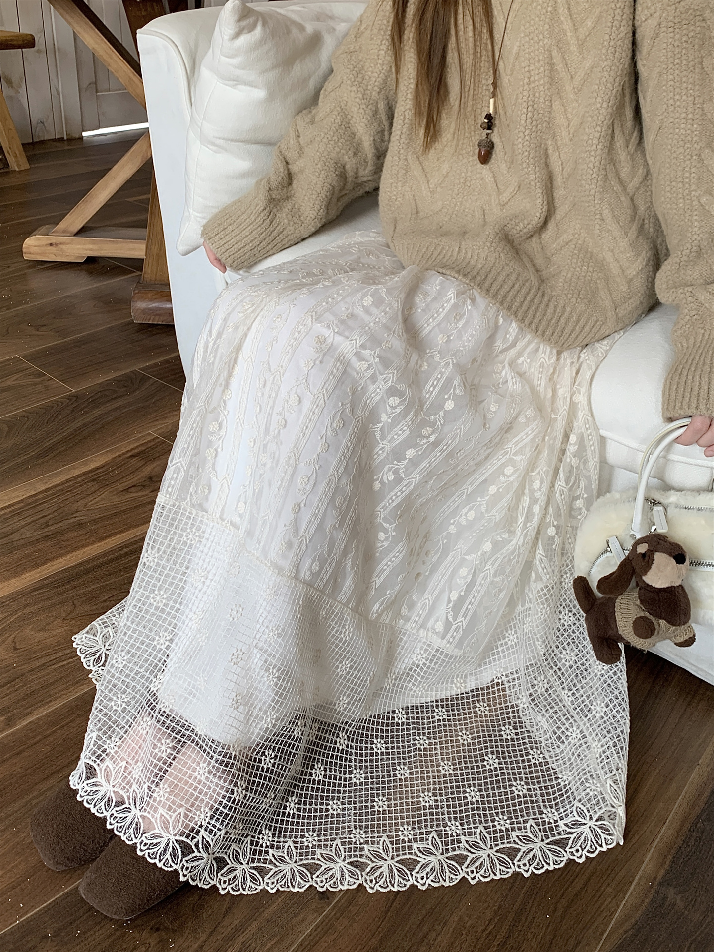 Sweet Lace Jacquard Embroidered A-Line Skirt for Women