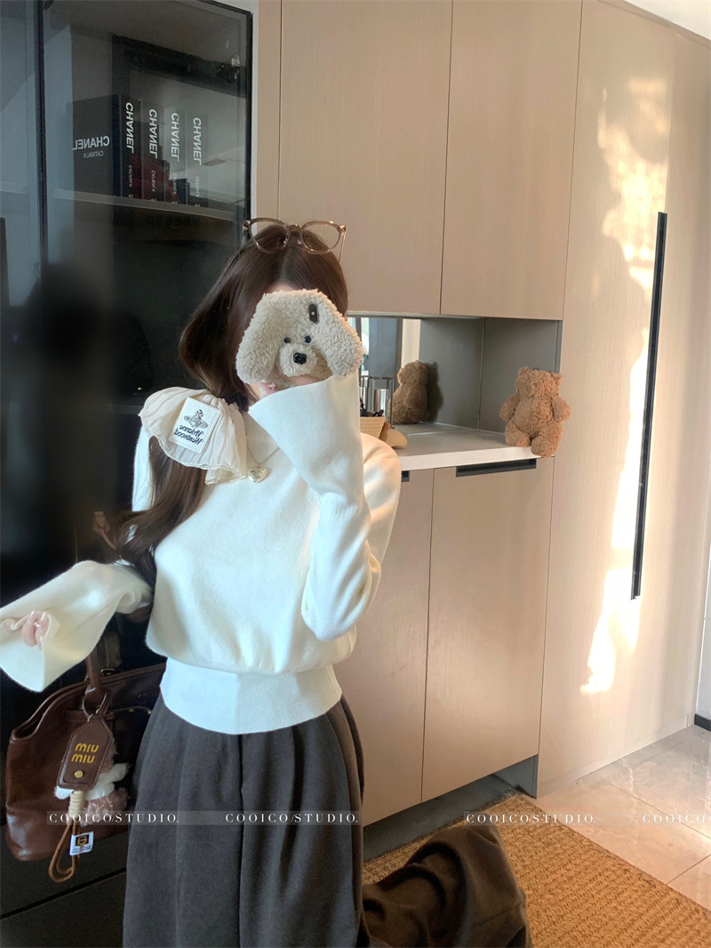Korean Style Half Turtleneck Flare Sleeve Knit Sweater Women Slim Fit Long Sleeve Base Top - Image 4