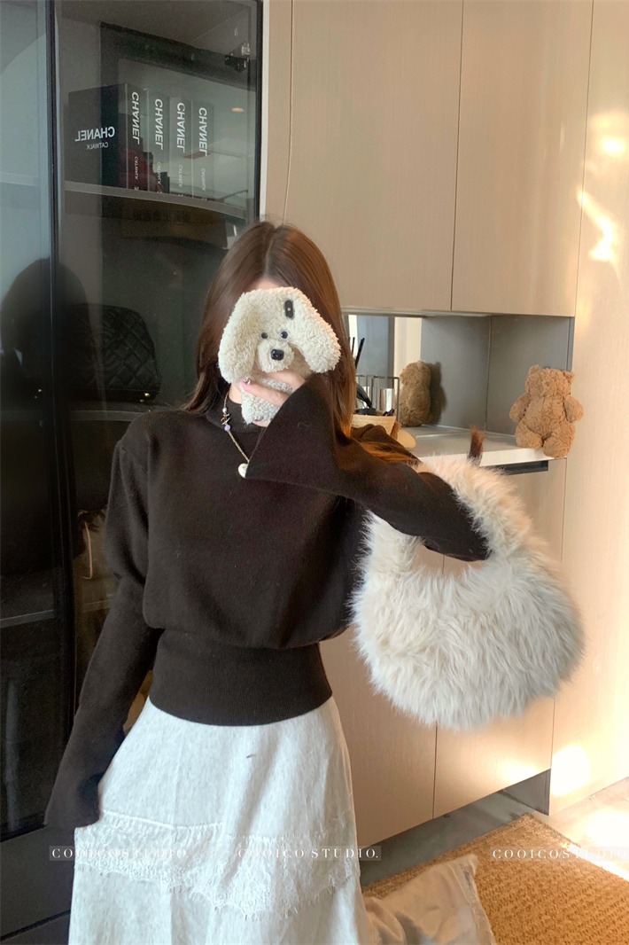Korean Style Half Turtleneck Flare Sleeve Knit Sweater Women Slim Fit Long Sleeve Base Top - Image 5