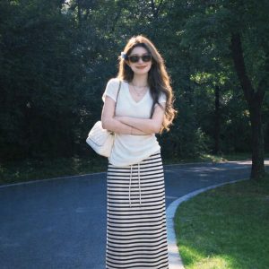 Women's Summer V-Neck Knit Sweater and Striped Skirt Two-Piece Set