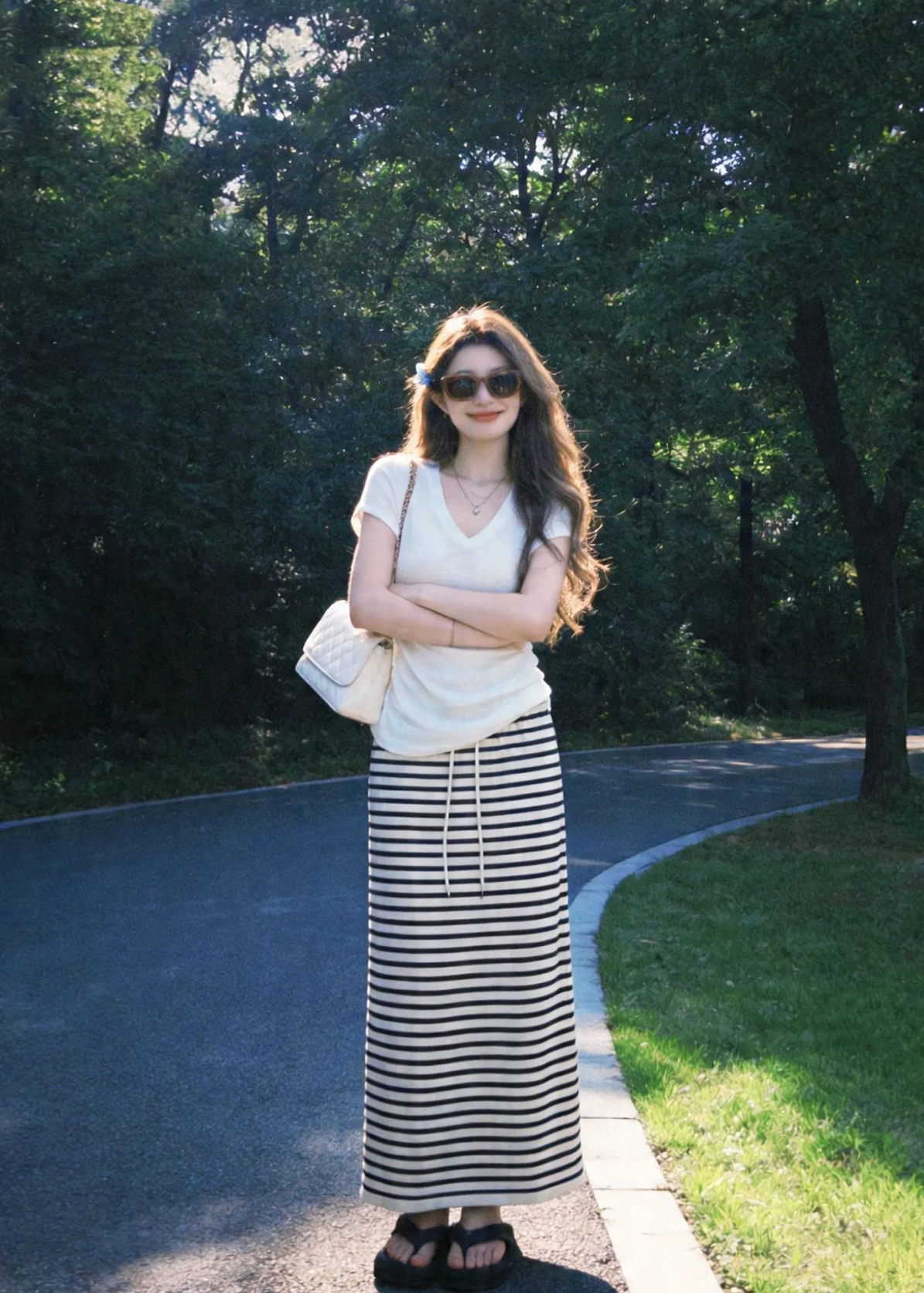 Women's Summer V-Neck Knit Sweater and Striped Skirt Two-Piece Set