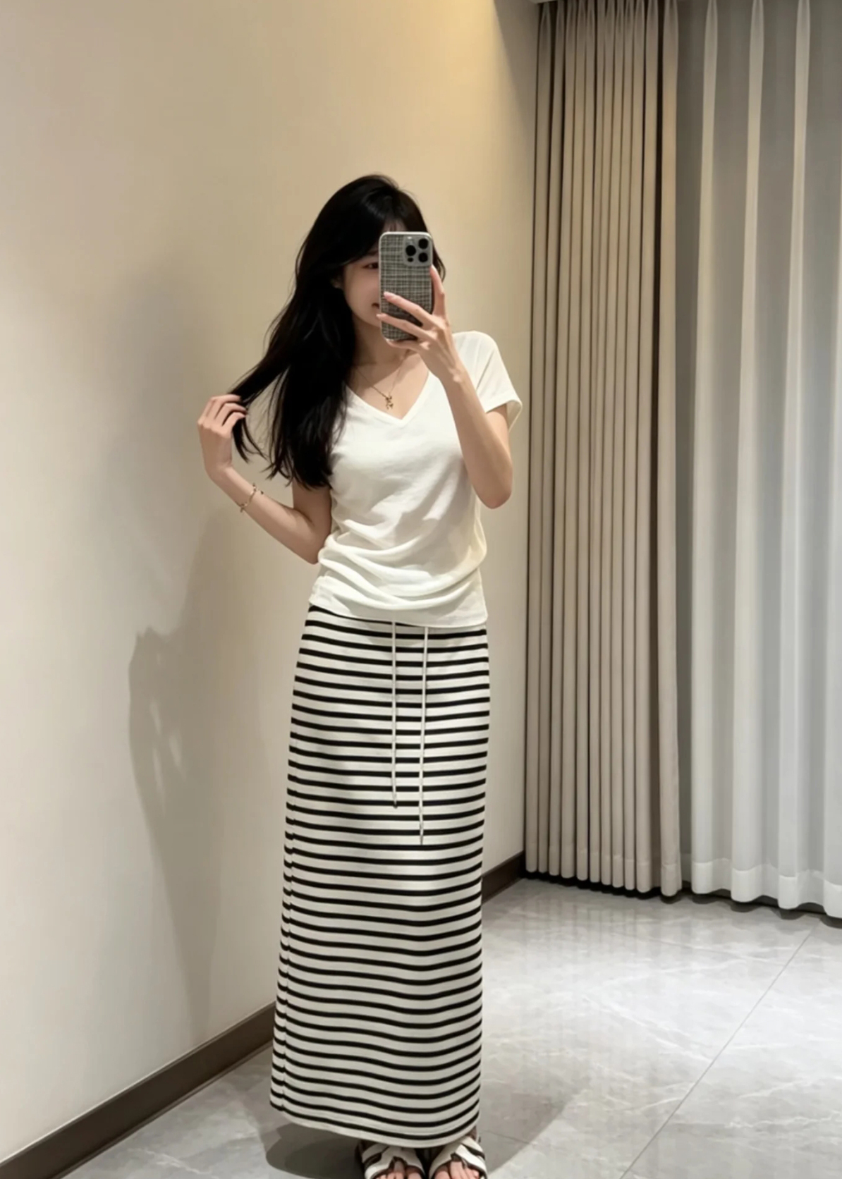 Women's Summer V-Neck Knit Sweater and Striped Skirt Two-Piece Set - Image 3