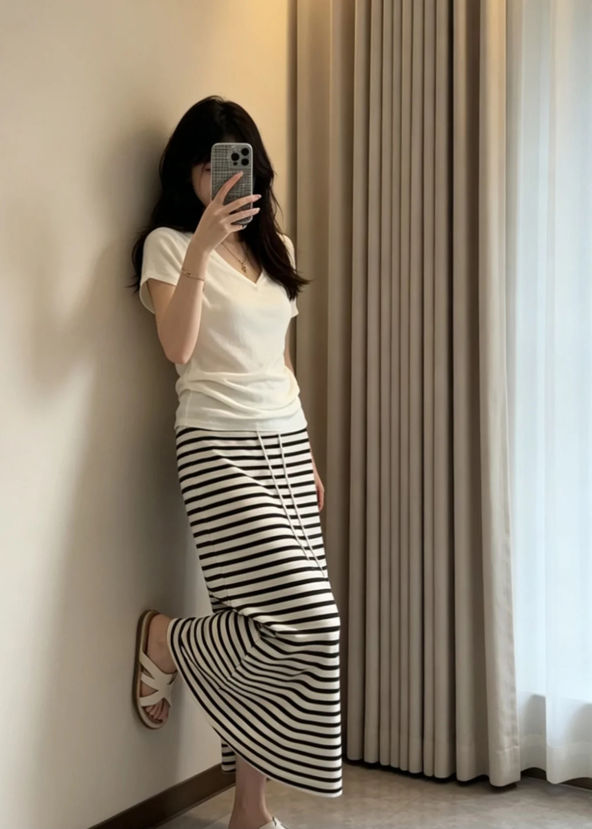 Women's Summer V-Neck Knit Sweater and Striped Skirt Two-Piece Set - Image 4