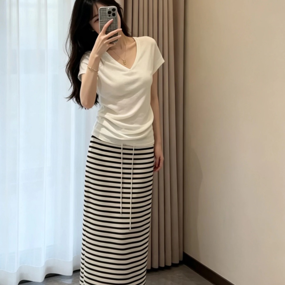 Women's Summer V-Neck Knit Sweater and Striped Skirt Two-Piece Set - Image 5