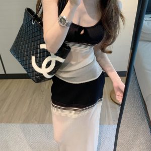 Korean Design Color Block Slim Striped Cami Top and Skirt Set 2026 New