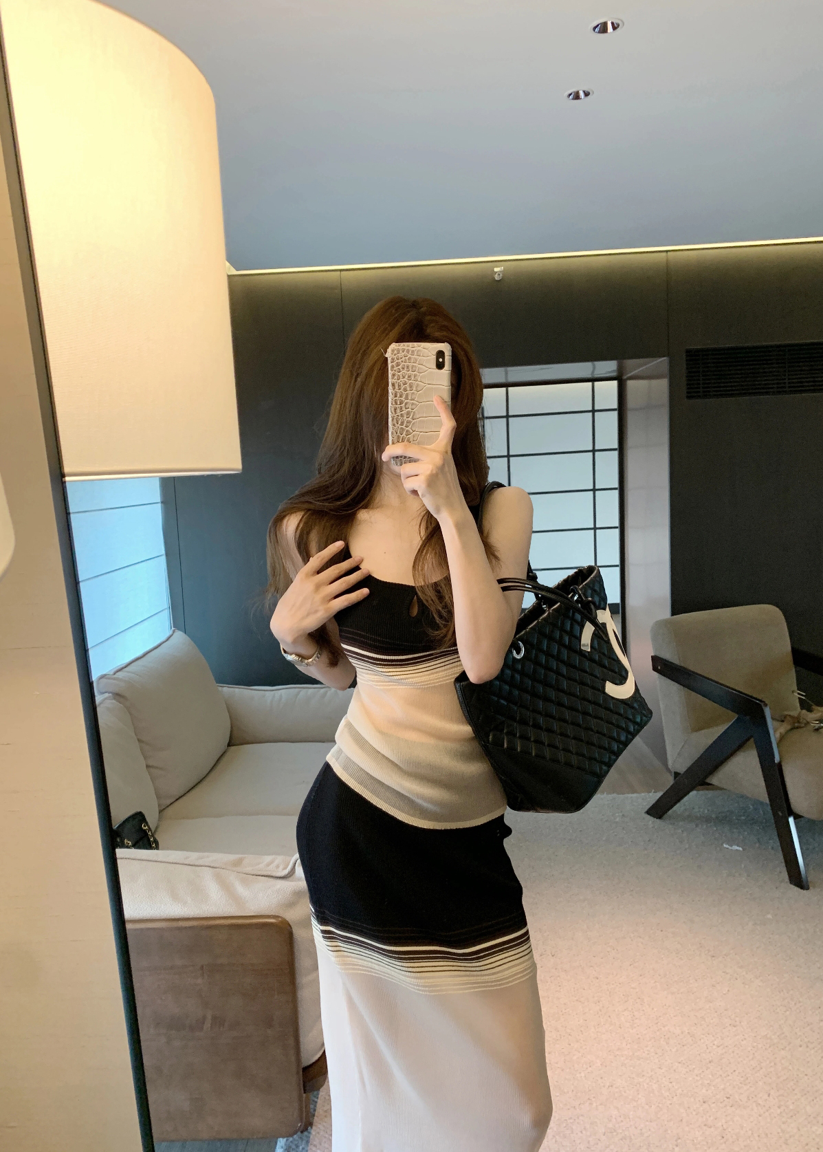Korean Design Color Block Slim Striped Cami Top and Skirt Set 2026 New - Image 2