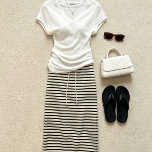 Women's 2026 Summer Knit Two-Piece Set with White Top and Striped Skirt