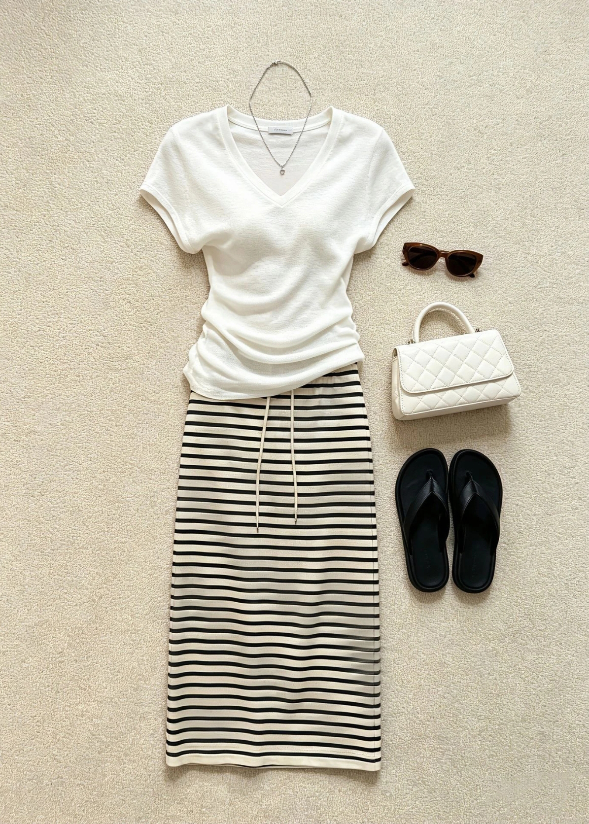 Women's 2026 Summer Knit Two-Piece Set with White Top and Striped Skirt