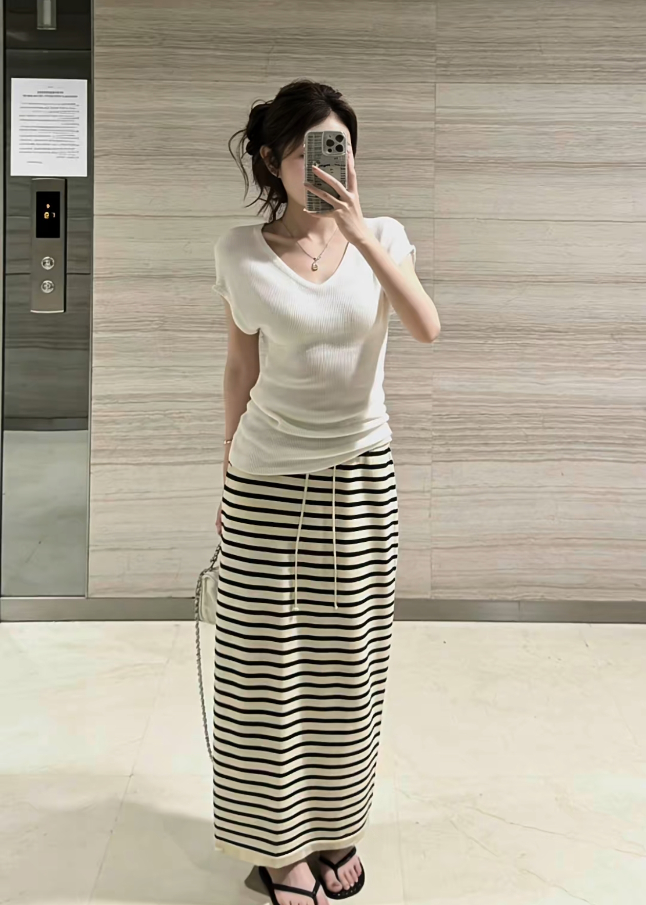 Women's 2026 Summer Knit Two-Piece Set with White Top and Striped Skirt - Image 3