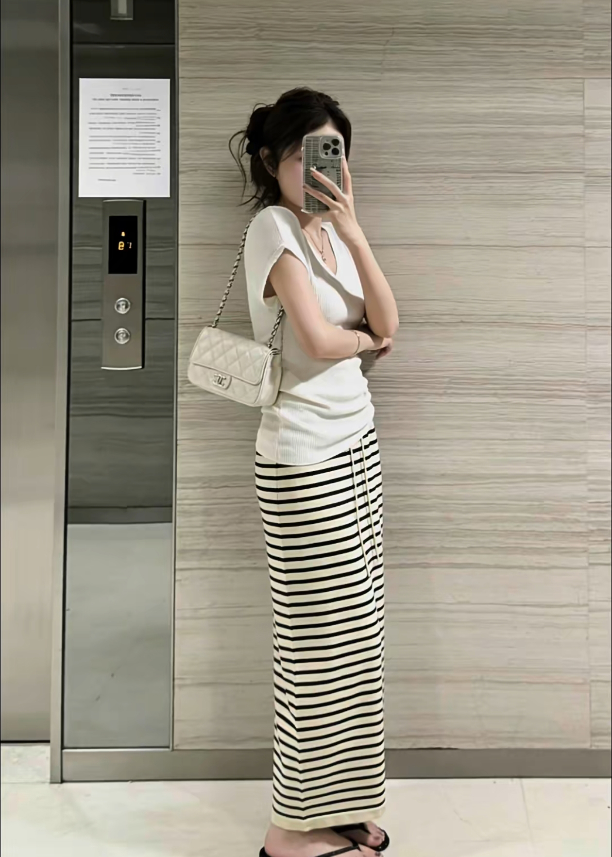 Women's 2026 Summer Knit Two-Piece Set with White Top and Striped Skirt - Image 2