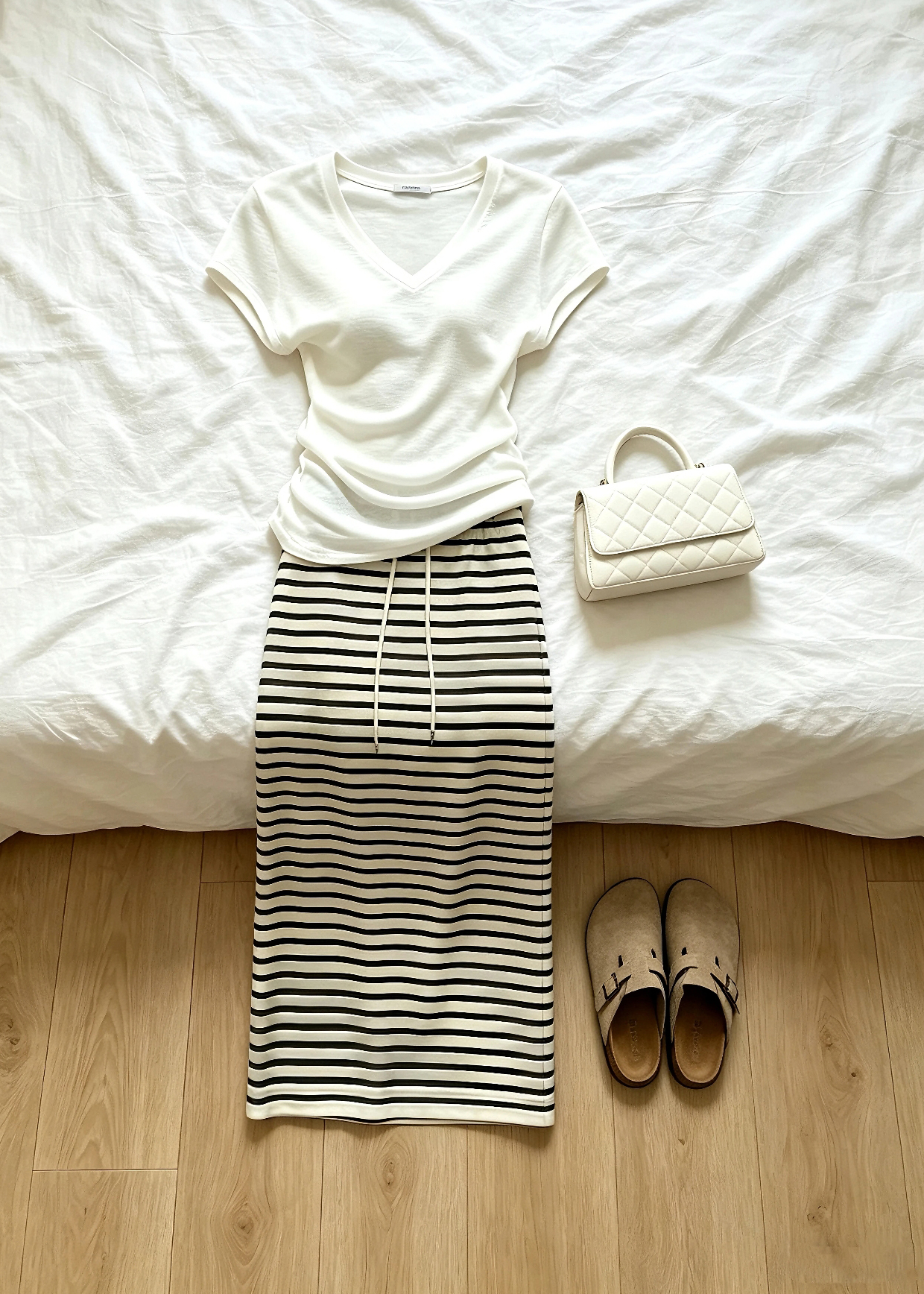 Women's 2026 Summer Knit Two-Piece Set with White Top and Striped Skirt - Image 4