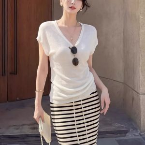 Lazy V-Neck Knit T-Shirt and Striped Skirt Set for Women - Style 942312