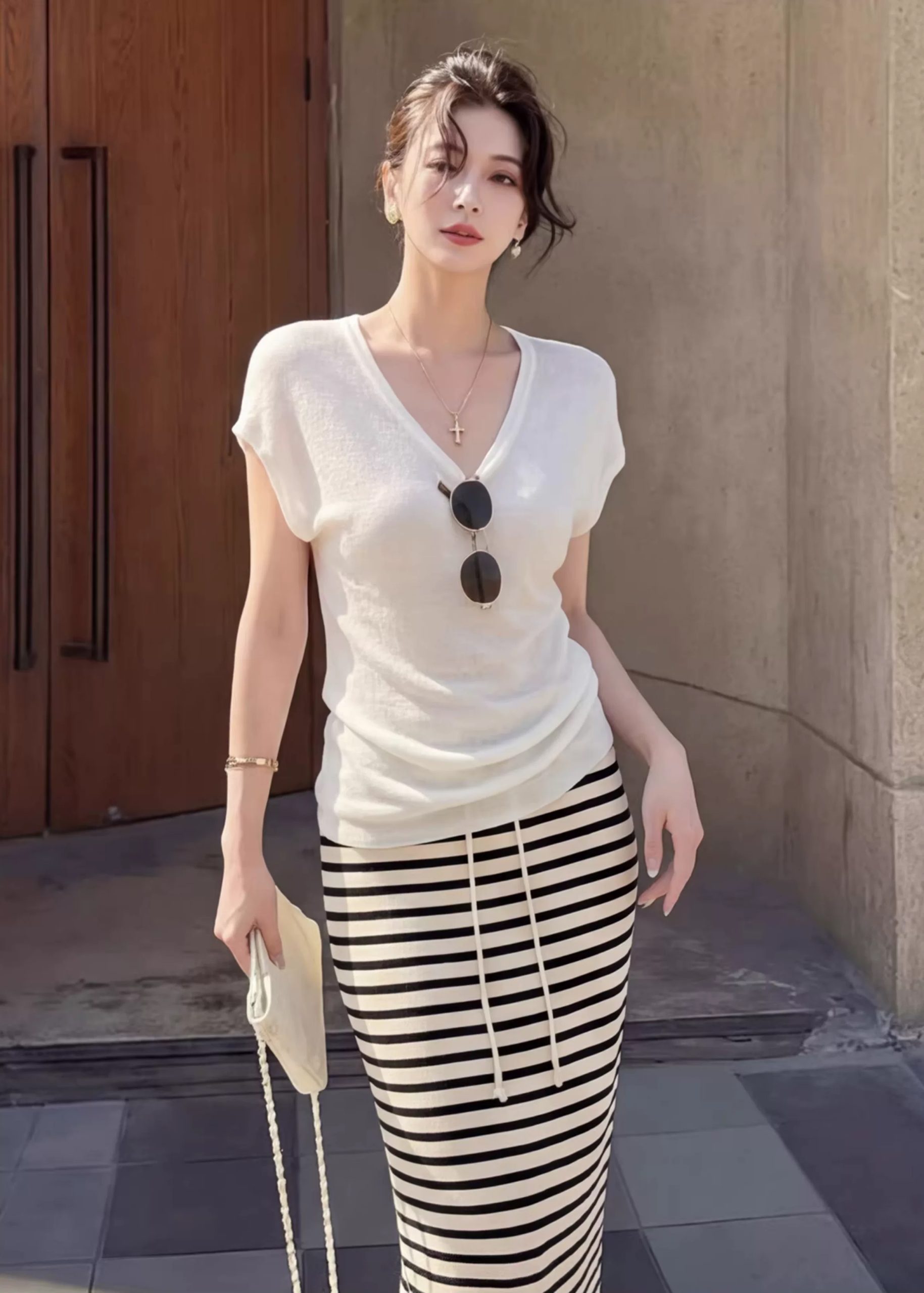 Lazy V-Neck Knit T-Shirt and Striped Skirt Set for Women - Style 942312